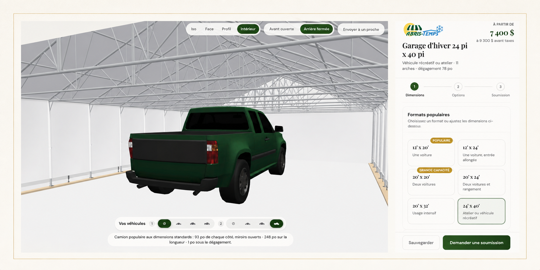 Aperçu du configurateur 3D Abris-Temps montrant un garage d'hiver et ses options